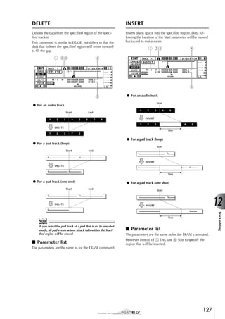 DELETE

INSERT

Deletes the data from the speciﬁed region of the speciﬁed track(s).

Inserts blank space into the speciﬁed region. Data following the location of the Start parameter will be moved
backward to make room.

This command is similar to ERASE, but differs in that the
data that follows the speciﬁed region will move forward
to ﬁll the gap.

1 23

1 23

4

4

5
● For an audio track

5

Start

● For an audio track
Start
1

2

3

4

1

End
5

6

7

2

3

4

5

3

4

5

INSERT

8
1

2

6

4

5

DELETE
Size
1

2

3

7

8

● For a pad track (loop)

● For a pad track (loop)
Start

Start
End

INSERT
DELETE
Size

● For a pad track (one shot)
Start

● For a pad track (one shot)
End

DELETE

Start

12

INSERT

Track editing

Size

Note
If you select the pad track of a pad that is set to one-shot
mode, all pad events whose attack falls within the Start/
End region will be erased.

■ Parameter list

■ Parameter list
The parameters are the same as for the ERASE command.
However instead of 5 End, use 5 Size to specify the
region that will be inserted.

The parameters are the same as for the ERASE command.

127

 