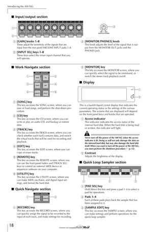 Introducing the AW16G

■ Input/output section
3

1
2
1 [GAIN] knobs 1–8

C [MONITOR/PHONES] knob

These adjust the sensitivity of the signals that are
input from the rear panel MIC/LINE INPUT jacks 1–8.

B [INPUT SEL] keys 1–8

This knob adjusts the level of the signal that is output from the MONITOR OUT jacks and the
PHONES jack.

These keys select the mixer input channel that you
will operate.

■ Work Navigate section

B [MONITOR] key

1

2

3

4

5

This key accesses the MONITOR screen, where you
can quickly select the signal to be monitored, or
switch the stereo track playback on/off.

6

■ Display
1
2

1 [SONG] key
This key accesses the SONG screen, where you can
save or load songs, and perform the shut-down procedure.

B [CD] key
This key accesses the CD screen, where you can
write or play an audio CD, and backup or restore
data.

C [TRACK] key
This key accesses the TRACK screen, where you can
check whether each track contains data, and switch
the virtual tracks that will be used for recording and
playback.

D [EDIT] key
This key accesses the EDIT screen, where you can
copy or erase tracks.

This is a backlit liquid crystal display that indicates the
current operating status or the settings of the various
parameters. The screens that are displayed will depend
on the front panel keys and knobs that are operated.

1 Access indicator
This indicator indicates the access status of the
internal hard disk. When the hard disk is being read
or written, this indicator will light.

Never turn off the power of the AW16G when the access
indicator is lit. Doing so will not only damage the data on
the internal hard disk, but may also damage the hard disk
itself. When you want to turn off the power of the AW16G,
you must perform the shutdown procedure (→ p. 12).

B Contrast
Adjusts the brightness of the display.

E [REMOTE] key
This key accesses the REMOTE screen, where you
can use the front panel faders and [TRACK SEL]
keys to control an external MIDI device or
sequencer software on your computer.

■ Quick Loop Sampler section

F [UTILITY] key
This key accesses the UTILITY screen, where you
can make MIDI, oscillator, and digital input settings, and format the hard disk.

2

3

1 [PAD SEL] key

■ Quick Navigate section
1

1

Hold down this key and press a pad 1–4 to select a
pad for operations.

2

B Pads 1–4
Each of these pads plays back the sample that has
been assigned to it.

1 [RECORD] key
This key accesses the RECORD screen, where you
can quickly assign the signal to be recorded to the
input of each track, and make settings for recording.

18

C [SAMPLE EDIT] key
This key accesses the SAMPLE screen, where you
can make settings and perform operations for the
quick loop sampler.

 