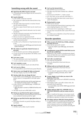 Something wrong with the sound
■ Signal from the INPUT 8 jack is too loud
• A conventional line-level signal may be connected to
the Hi-Z jack.
■ Sound is distorted
• Is the [GAIN] control set correctly?
• The connection cable from the external device may
be broken.
• The fader of the input channel or monitor channel
may be raised excessively.
• The stereo output channel fader may be raised excessively.
• The stereo output channel attenuator may be raised
excessively.
• The EQ or dynamics processor may have been set to
produce an extreme gain boost.
• Did you record at an appropriate level?
• Is the word clock setting correct for both the AW16G
and the external device(s)?
• An effect such as Distortion or Amp Simulate may be
in use.
* Go to the VIEW screen METER page and check the level
(meter movement).

■ The volume of a particular channel increases or
decreases
• Are the dynamics processor settings appropriate?
• A scene recall may be speciﬁed in the SONG screen
TEMPO MAP.
■ Can’t store a scene
• The store-destination scene may be protected.
• A scene cannot be stored in scene number 00.
■ Can’t reproduce a scene
• One or more channels may be set to Recall Safe.
■ Can’t save to a library
• It is not possible to save to the factory-preset libraries.
■ Meters move even though the faders are lowered
• The meter display may be set to PRE FADER.
■ Moving a fader does not change the level
• In the [VIEW] screen FADER page, check whether the
display moves in correspondence with fader operations.
* You cannot control the level until the panel fader position matches the position shown in the display.

• In the UTILITY screen PREFER page, is FADER FLIP
set appropriately?
* When the power is turned on, FADER FLIP will be set to
TRACK.

• The fader may be set to PRE FADE in AUX.
■ Pairing was speciﬁed, but the signal is monaural
• Is the odd-numbered channel panned far left and the
even-numbered channel panned far right?

■ Signal is delayed
• An effect such as delay may be inserted.

■ Playback pitch is wrong
• VARI may be selected.
• Is the synchronized external device operating on the
same sampling frequency (44.1 kHz)?
• Is the master device operating in a stable way?
• You may have executed the EDIT screen PITCH command.
• Is an effect such as HQ.Pitch or Dual Pitch selected
for a monitor channel?

Recorder operations
■ When you press the [PLAY] key it blinks, and playback does not occur
• Is the AW16G set to MTC SLAVE?
* Access the UTILITY screen MIDI page, and check the
setting.

■ Something goes wrong with the sound when you use
the [FF] key or [REW] key
• Differences in the number of simultaneously played
tracks will affect the way in which the sound is heard
when these controls are operated.
■ Can’t edit a recorded track
• The song may be protected.
• Have you selected the virtual track that you
recorded?
■ Editing results are not heard in the sound
• Have you selected the virtual track that you
recorded?
• Are you using the appropriate editing command? *
* For details on editing commands, refer to “EDIT
screen.”

■ Counter display is not 0 when you return to the
beginning of the song
• The display mode may be set to REMAIN (remaining
recording time).
• If the display mode is set to REL (relative time), the
start point may be speciﬁed.
* Go to the SONG screen SETUP, POINT page and check
the settings.

■ Display indicates DISK FULL, MEMORY FULL, or
TOO MANY REGIONS, and you cannot record or
edit
• There is insufﬁcient free space, or too many recording regions. Erase unneeded tracks and then perform
the Optimize operation to obtain more free space.
■ The display indicates DISK BUSY during playback
• It is possible that the recorded data has become fragmented, so that it cannot be read fast enough. You
can try measures such as re-recording, deleting
tracks, or backing up the data and then formatting the
hard disk.

195

Appendix

■ Pairing was speciﬁed, but the signal phase does not
match
• Even when channels are paired, the phase setting is
not linked.

■ Can’t use the internal effects
• Effect BYPASS may be turned ON.
• The effect may have been inserted into a different
channel.
• Are the level of EFF.RTN 1, 2 faders raised?
• 019. HQ. Pitch can be used only with EFFECT 2.
• These do not affect the stereo track, sound clip, or
audio CD playback.

 