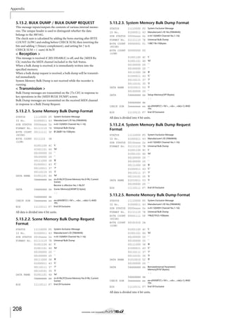 Appendix

5.13.2. BULK DUMP / BULK DUMP REQUEST
This message inputs/outputs the contents of various internal memories. The unique header is used to distinguish whether the data
belongs to the AW16G.
The check sum is calculated by adding the bytes starting after BYTE
COUNT (LOW) and ending before CHECK SUM, then inverting the
bits and adding 1 (binary complement), and setting bit 7 to 0.
CHECK SUM = ( -sum) & 0x7F

< Reception >

5.13.2.3. System Memory Bulk Dump Format
STATUS
ID No.
SUB STATUS
FORMAT No.
BYTE COUNT
(HIGH)
BYTE COUNT
(LOW)

5.13.2.1. Scene Memory Bulk Dump Format
STATUS
ID No.
SUB STATUS
FORMAT No.
BYTE COUNT
(HIGH)
BYTE COUNT
(LOW)

DATA NAME

11110000
01000011
0000nnnn
01111110
00111111

F0
43
0n
7E
3F

0111110

3E

01001100
01001101
00100000
00100000
00111000
01000011
00110011
00110110
01001101
0mmmmmmm

4C
4D
20
20
38
43
37
35
4D
mm

System Exclusive Message

System Exclusive Message
Manufacturer's ID No.(YAMAHA)
n=0-15(MIDI Channel No.1-16)
Universal Bulk Dump
128(118+10)bytes

00000000 00
4C
4D
20
20
38
43
37
35
53
20
ds

'L'

DATA

CHECK SUM

0ddddddd de
0eeeeeee ee ee=(INVERT('L'+'M'+...+ds+...+de)+1) AND

EOX

11110111 F7 End Of Exclusive

DATA NAME

Bulk Dump messages are transmitted on the [Tx CH] in response to
key operations in the [MIDI BULK DUMP] screen.
Bulk Dump messages are transmitted on the received MIDI channel
in response to a Bulk Dump Request.

F0
43
0n
7E
01

01001100
01001101
00100000
00100000
00111000
01000011
00110111
00110101
01010011
00100000
0ddddddd

This message is received if [RX DISABLE] is off, and the [MIDI Rx
Ch] matches the MIDI channel included in the Sub Status.
When a bulk dump is received, it is immediately written into the
speciﬁed memory.
When a bulk dump request is received, a bulk dump will be transmitted immediately.
System Memory Bulk Dump is not received while the recorder is
running.

< Transmission >

11110000
01000011
0000nnnn
01111110
00000001

'M'
''
''
'8'
'C'
'7'
'5'
'S'
''
Setup Memory(59*2bytes)
: :

7Fh

All data is divided into 4 bit units.

Manufacturer's ID No.(YAMAHA)
n=0-15(MIDI Channel No.1-16)
Universal Bulk Dump
8126(8116+10)bytes

'L'

5.13.2.4. System Memory Bulk Dump Request
Format
STATUS
ID No.
SUB STATUS
FORMAT No.

'M'
''
''
'8'
'C'
'7'
'5'
'M'
m=0-96,97(Scene Memory No.0-96, Current
Scene)
Receive is effective No.1-96,97

DATA

0ddddddd ds Scene Memory((4058*2) bytes)

CHECK SUM

0ddddddd de
0eeeeeee ee ee=(INVERT('L'+'M'+...+ds+...+de)+1) AND

EOX

7Fh
11110111 F7 End Of Exclusive

: :

All data is divided into 4 bit units.

5.13.2.2. Scene Memory Bulk Dump Request
Format

DATA NAME
EOX

11110000
01000011
0010nnnn
01111110
01001100
01001101
00100000
00100000
00111000
01000011
00110111
00110101
01010011
00100000
11110111

F0
43
2n
7E
4C
4D
20
20
38
43
37
35
53
20
F7

System Exclusive Message
Manufacturer's ID (YAMAHA)
n=0-15(MIDI Channel No.1-16)
Universal Bulk Dump
'L'
'M'
''
''
'8'
'C'
'7'
'5'
'S'
''
End Of Exclusive

5.13.2.5. Remote Memory Bulk Dump Format
STATUS
ID No.
SUB STATUS
FORMAT No.
BYTE COUNT
(HIGH)
BYTE COUNT
(LOW)

System Exclusive Message

11110000
01000011
0000nnnn
01111110
00001111

F0
43
0n
7E
0F

System Exclusive Message
Manufacturer's ID No.(YAMAHA)
n=0-15(MIDI Channel No.1-16)
Universal Bulk Dump
1962(1952+10)bytes

00101010 2A

DATA NAME

EOX

11110000
01000011
0010nnnn
01111110
01001100
01001101
00100000
00100000
00111000
01000011
00110111
00110101
01001101
0mmmmmmm

F0
43
2n
7E
4C
4D
20
20
38
43
37
35
4D
mm

DATA

CHECK SUM

0ddddddd de
0eeeeeee ee ee=(INVERT('L'+'M'+...+ds+...+de)+1) AND
11110111 F7 End Of Exclusive

Manufacturer's ID (YAMAHA)
n=0-15(MIDI Channel No.1-16)
Universal Bulk Dump
'L'
'M'
''
''
'8'

DATA NAME

'C'
'7'
'5'
'M'

m=0-96,97(Scene Memory No.0-96, Current
Scene)
11110111 F7 End Of Exclusive

4C
4D
20
20
38
43
37
35
52
20
ds

'L'

01001100
01001101
00100000
00100000
00111000
01000011
00110111
00110101
01010010
00100000
0ddddddd

EOX

STATUS
ID No.
SUB STATUS
FORMAT No.

'M'
''
''
'8'
'C'
'7'
'5'
'R'
''
Remote(Internal Parameter)
Memory(976*2bytes)
: :

7Fh

All data is divided into 4 bit units.

208

 