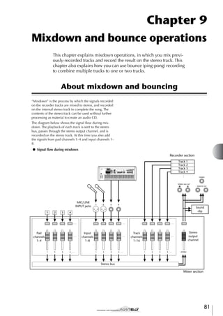 Chapter 9
Mixdown and bounce operations
This chapter explains mixdown operations, in which you mix previously-recorded tracks and record the result on the stereo track. This
chapter also explains how you can use bounce (ping-pong) recording
to combine multiple tracks to one or two tracks.

About mixdown and bouncing
“Mixdown” is the process by which the signals recorded
on the recorder tracks are mixed to stereo, and recorded
on the internal stereo track to complete the song. The
contents of the stereo track can be used without further
processing as material to create an audio CD.
The diagram below shows the signal ﬂow during mixdown. The playback of each track is sent to the stereo
bus, passes through the stereo output channel, and is
recorded on the stereo track. At this time you also add
the signals from pad channels 1–4 and input channels 1–
8.
● Signal ﬂow during mixdown
Recorder section
Track 1
Track 2
Track 3
Track 4

MUSIC PRODUCTION SYNTHESIZER
Integrated Sampling Sequencer
Real-time External Control Sur face
Modular Synthesis Plug-in System

SONG SCENE

REC

MIC/LINE
INPUT jacks
1

Pad
channels
1–4

2

3

Sound
clip

4

Input
channels
1–8

Track
channels
1–16

Stereo
output
channel

Stereo bus

Mixer section

81

 
