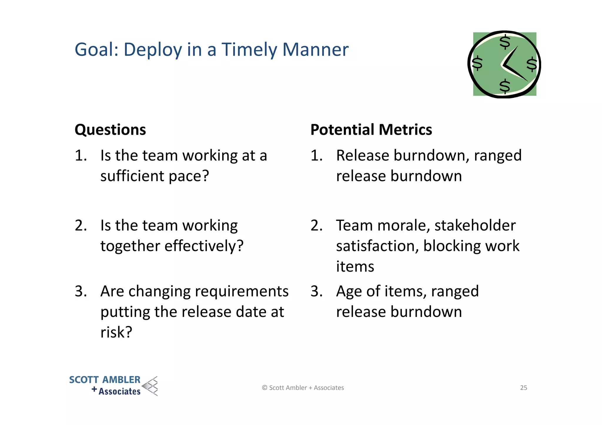 Goal: Deploy in a Timely Manner

Questions

Potential Metrics

1. Is the team working at a
sufficient pace?

1. Release burndown, ranged
release burndown

2. Is the team working
together effectively?

2. Team morale, stakeholder
satisfaction, blocking work
items
3. Age of items, ranged
release burndown

3. Are changing requirements
putting the release date at
risk?

© Scott Ambler + Associates

25

 