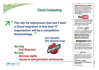 Cloud Computing


‘‘ The risk for enterprises that don’t start
  a Cloud migration is that their IT
  organization will be...