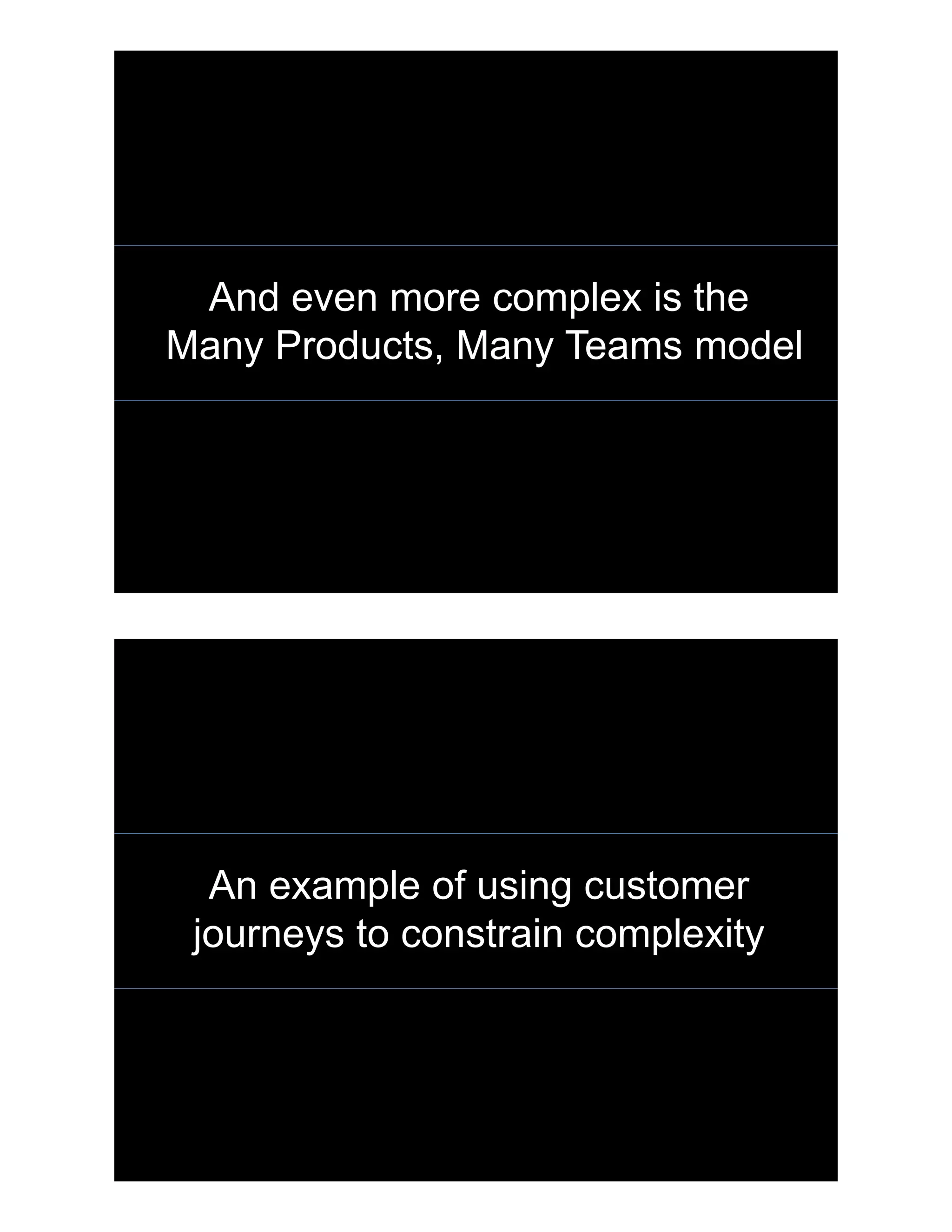 And even more complex is the
Many Products, Many Teams model
An example of using customer
journeys to constrain complexity
 
