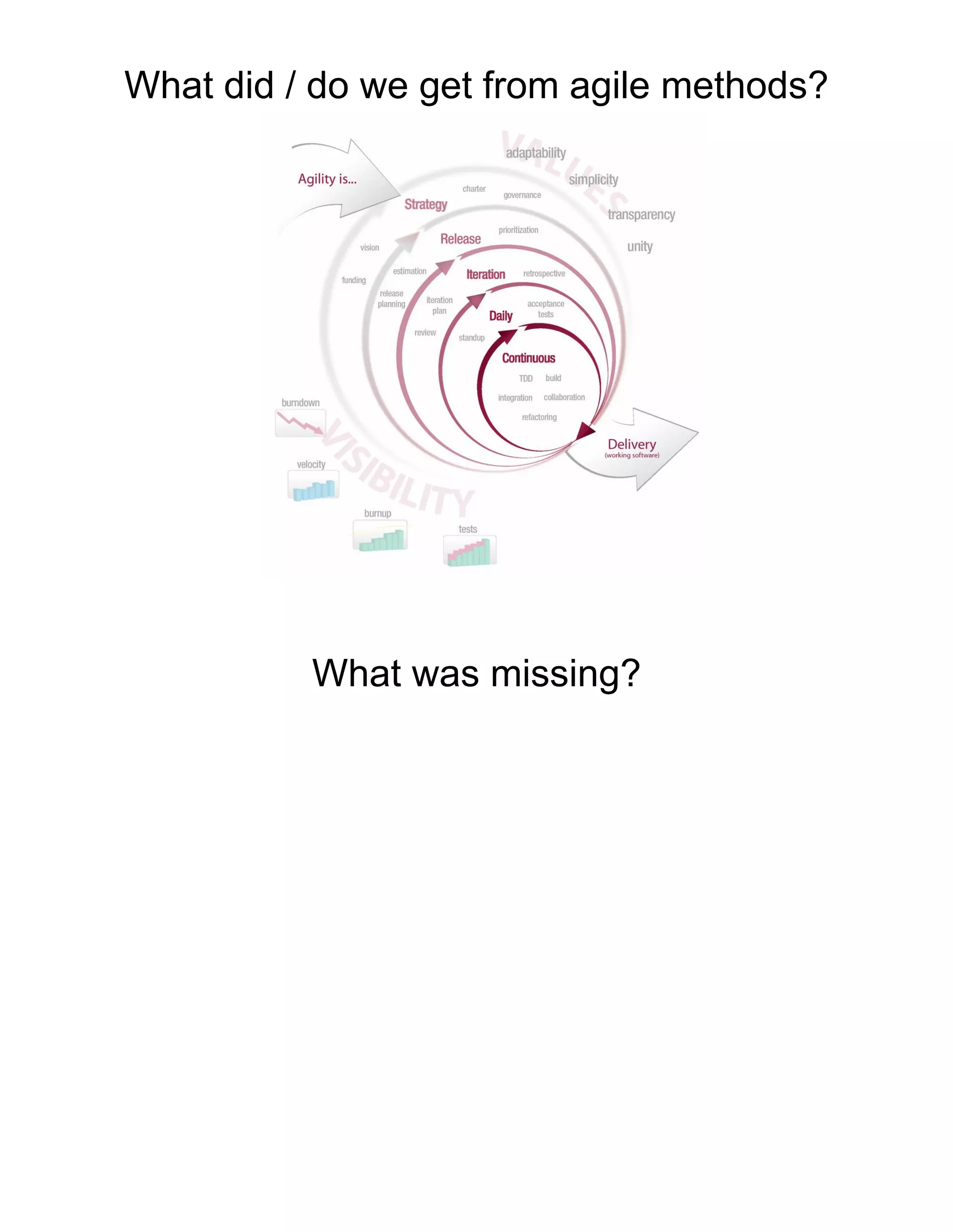 What did / do we get from agile methods?
What was missing?
 