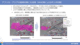 © 2019 NTT DATA Corporation 18
アフリカ・アジアの疫病対策にも活用（WHO等によるポリオ対策）
© WHO © WHO/JAXA/RESTEC
→ AW3Dにより、病原菌に関わる下水が流れ込むエリアを特定することに成功。
従来の結果 30m解像度 AW3D 5m解像度により把握されたエリア
西方向に約2km
面積で約5倍
http://geospatialhealth.net/index.php/gh/article/view/462/491
“Satellite imagery technology in public health: analysis of site catchment areas for assessment of poliovirus circulation in Nigeria and Niger”, Marina Takane et al.(2016), Geospatial Health
2016; volume 11:462
• ポリオはナイジェリア、パキスタン、アフガニスタンが常在国として指定。
• WHOは地表の下水を採取し、感染源となるウィルスの有無を調査
• より下水採取に適した地点の絞込みを行いたいニーズ。
 