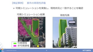 © 2019 NTT DATA Corporation 30
【検証事例】 都市の再現性評価
 可視シミュレーションを実施し、現地状況と一致することを確認
可視領域
非可視領域
可視シミュレーション結果 現地写真
 