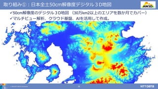 © 2019 NTT DATA Corporation 32
取り組み①：日本全土50cm解像度デジタル３D地図
50cm解像度のデジタル３D地図 （30万km2以上のエリアを数か月でカバー）
マルチビュー解析、クラウド基盤、AIを活用して作成。
 