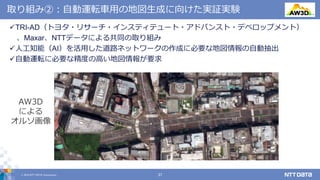 © 2019 NTT DATA Corporation 37
取り組み②：自動運転車用の地図生成に向けた実証実験
AW3D
による
オルソ画像
TRI-AD（トヨタ・リサーチ・インスティテュート・アドバンスト・デベロップメント）
、Maxar、NTTデータによる共同の取り組み
人工知能（AI）を活用した道路ネットワークの作成に必要な地図情報の自動抽出
自動運転に必要な精度の高い地図情報が要求
 