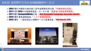 © 2019 NTT DATA Corporation 9
AW3D 全世界デジタル3D地図提供サービス ®
 2016年3月 内閣府主催の第二回宇宙開発利用大賞 「内閣総理大臣賞」
 2017年1月 2016年日経優秀製品・サービス賞 「優秀賞 日経産業新聞賞」
 2017年8月 GeoSpatialMedia主催 「Asia Geospatial TechnologyInnovation Awards」
 2018年5月 電気通信協会 「ＩＣＴ事業奨励賞」
 2018年6月 一般社団法人情報サービス産業協会 「JISA Awards 2018」
 