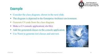 4/20/2020 S. Parsa, Associate Professor (www.parsa.iust.ac.ir) 10
 Consider the class diagram, shown in the next slide.
 The diagram is depicted in the Enterprise Architect environment.
 Generate C# code from the class diagram.
 Make a C# console application(.sln file).
 Add the generated classes to the console application.
 Use Nunit to generate test classes and unit test.
 
