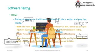 4/20/2020 S. Parsa, Associate Professor (www.parsa.iust.ac.ir) 56
• How?
• Testing strategies are traditionally divided into black, white, and gray box
testing.
- Black: The inside of the box (“solution implementation”) is dark. Testers focus only on
input and output, typically when performing system and user acceptance testing.
- White: The inside of the box is visible and analyzed as part of the testing.
- Gray: A combination of black and white box testing typically used to test edge cases,
which require an understanding of the internals and expected behavior.
 
