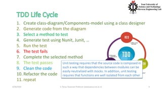 4/20/2020 S. Parsa, Associate Professor (www.parsa.iust.ac.ir) 9
1. Create class-diagram/Components-model using a class designer
2. Generate code from the diagram
3. Select a method to test
4. Generate test using Nunit, Junit, …
5. Run the test
6. The test fails
7. Complete the selected method
8. The test passes
9. Clean the code
10. Refactor the code
11. repeat
Unit testing requires that the source code is composed in
such a way that dependencies between modules can be
easily neutralized with mocks. In addition, unit testing
requires that functions are well isolated from each other
 