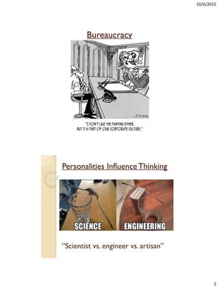 10/6/2015
5
Bureaucracy
Personalities InfluenceThinking
“Scientist vs. engineer vs. artisan”
 