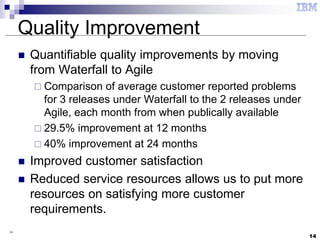 14
14
Quality Improvement
 Quantifiable quality improvements by moving
from Waterfall to Agile
 Comparison of average customer reported problems
for 3 releases under Waterfall to the 2 releases under
Agile, each month from when publically available
 29.5% improvement at 12 months
 40% improvement at 24 months
 Improved customer satisfaction
 Reduced service resources allows us to put more
resources on satisfying more customer
requirements.
 