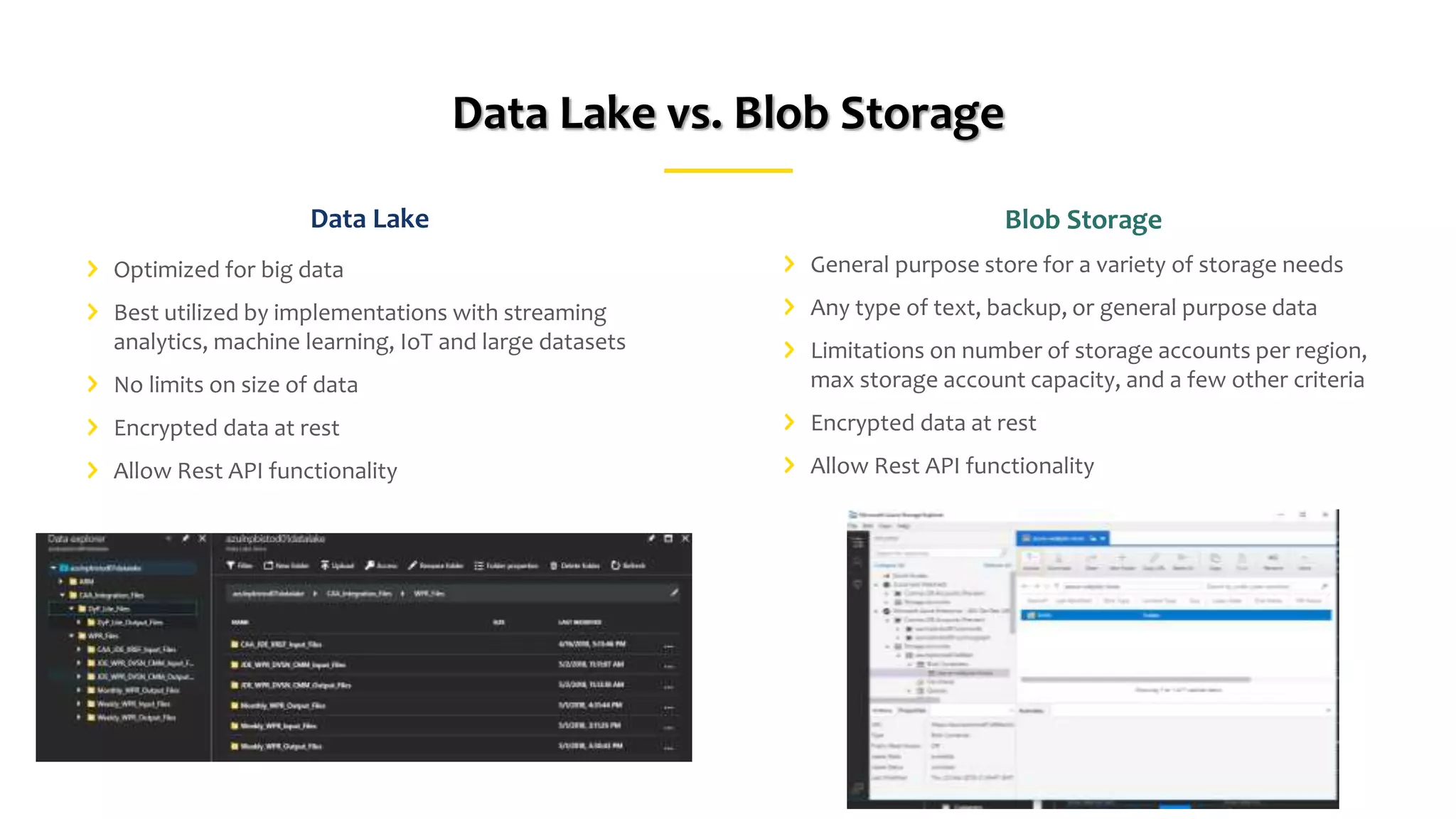 Blob Storage
General purpose store for a variety of storage needs
Any type of text, backup, or general purpose data
Limitations on number of storage accounts per region,
max storage account capacity, and a few other criteria
Encrypted data at rest
Allow Rest API functionality
Data Lake vs. Blob Storage
Data Lake
Optimized for big data
Best utilized by implementations with streaming
analytics, machine learning, IoT and large datasets
No limits on size of data
Encrypted data at rest
Allow Rest API functionality
 