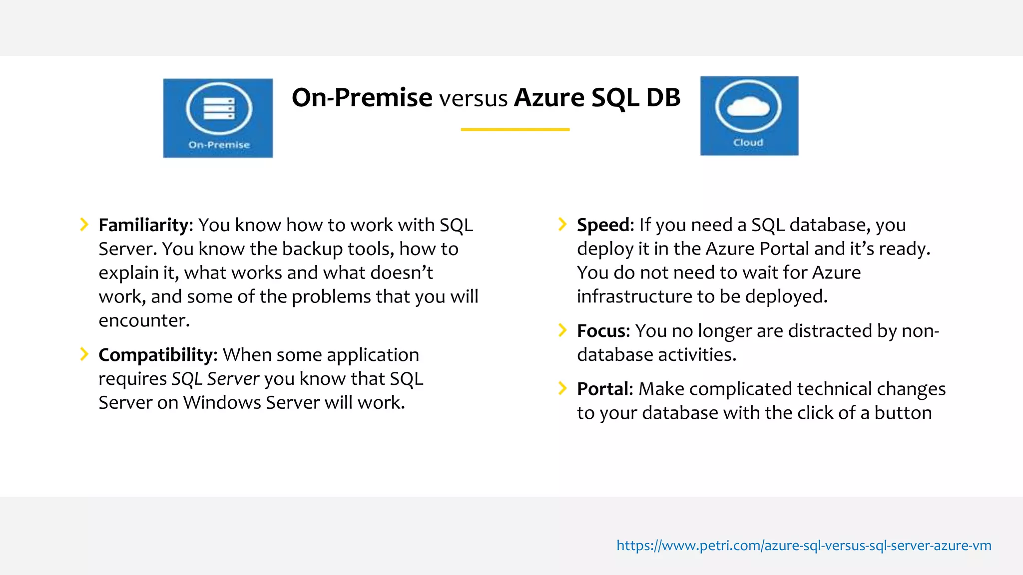 On-Premise versus Azure SQL DB
Speed: If you need a SQL database, you
deploy it in the Azure Portal and it’s ready.
You do not need to wait for Azure
infrastructure to be deployed.
Focus: You no longer are distracted by non-
database activities.
Portal: Make complicated technical changes
to your database with the click of a button
Familiarity: You know how to work with SQL
Server. You know the backup tools, how to
explain it, what works and what doesn’t
work, and some of the problems that you will
encounter.
Compatibility: When some application
requires SQL Server you know that SQL
Server on Windows Server will work.
https://www.petri.com/azure-sql-versus-sql-server-azure-vm
 