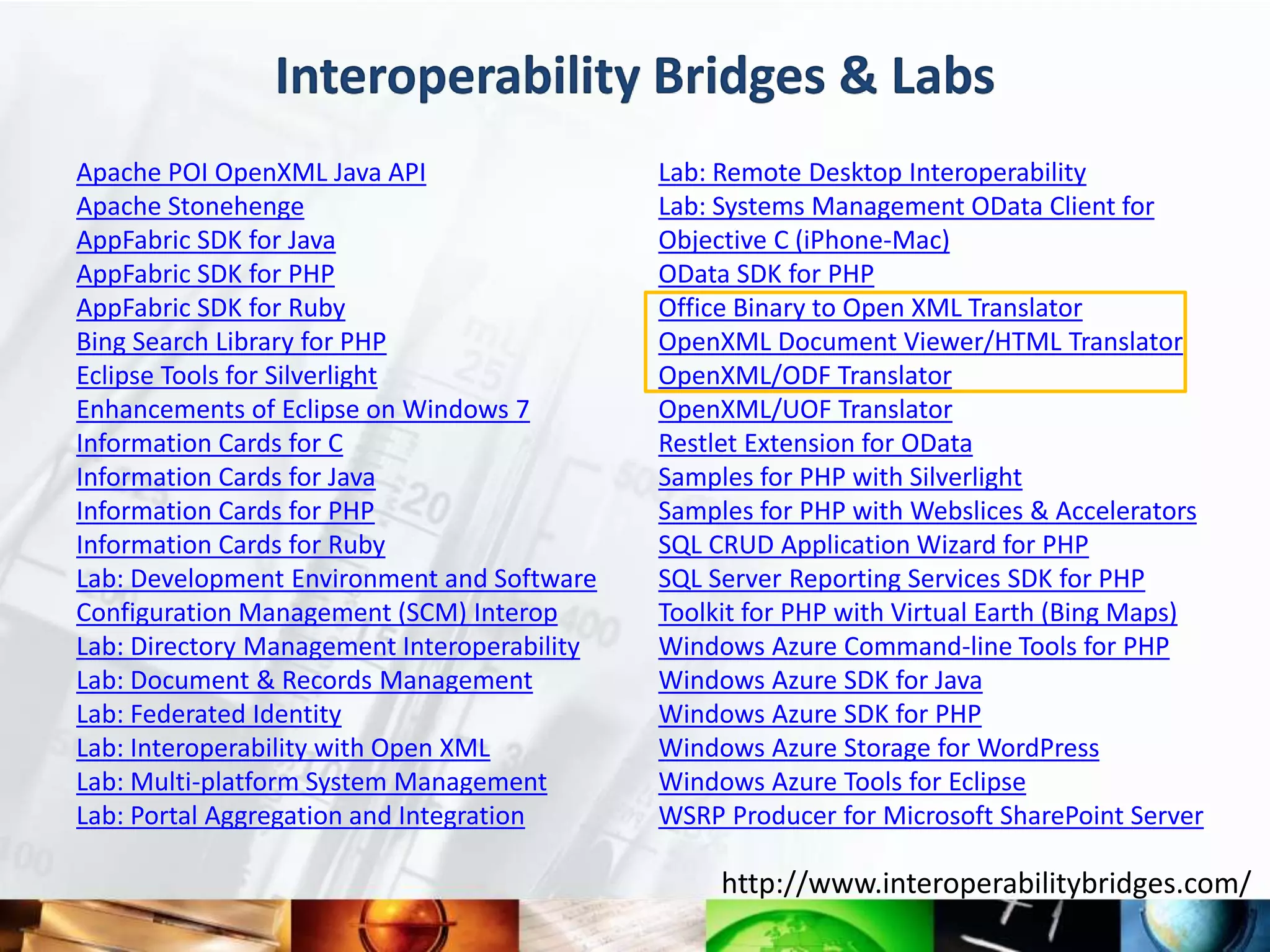 Interoperability Bridges & Labs
Apache POI OpenXML Java API                  Lab: Remote Desktop Interoperability
Apache Stonehenge                            Lab: Systems Management OData Client for
AppFabric SDK for Java                       Objective C (iPhone-Mac)
AppFabric SDK for PHP                        OData SDK for PHP
AppFabric SDK for Ruby                       Office Binary to Open XML Translator
Bing Search Library for PHP                  OpenXML Document Viewer/HTML Translator
Eclipse Tools for Silverlight                OpenXML/ODF Translator
Enhancements of Eclipse on Windows 7         OpenXML/UOF Translator
Information Cards for C                      Restlet Extension for OData
Information Cards for Java                   Samples for PHP with Silverlight
Information Cards for PHP                    Samples for PHP with Webslices & Accelerators
Information Cards for Ruby                   SQL CRUD Application Wizard for PHP
Lab: Development Environment and Software    SQL Server Reporting Services SDK for PHP
Configuration Management (SCM) Interop       Toolkit for PHP with Virtual Earth (Bing Maps)
Lab: Directory Management Interoperability   Windows Azure Command-line Tools for PHP
Lab: Document & Records Management           Windows Azure SDK for Java
Lab: Federated Identity                      Windows Azure SDK for PHP
Lab: Interoperability with Open XML          Windows Azure Storage for WordPress
Lab: Multi-platform System Management        Windows Azure Tools for Eclipse
Lab: Portal Aggregation and Integration      WSRP Producer for Microsoft SharePoint Server

                                                  http://www.interoperabilitybridges.com/
 