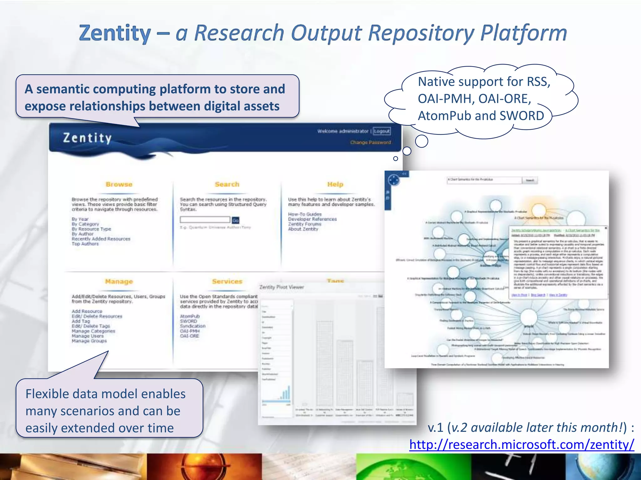 Zentity – a Research Output Repository Platform
                                               Native support for RSS,
A semantic computing platform to store and
                                               OAI-PMH, OAI-ORE,
expose relationships between digital assets
                                               AtomPub and SWORD




Flexible data model enables
many scenarios and can be
easily extended over time                        v.1 (v.2 available later this month!) :
                                              http://research.microsoft.com/zentity/
 