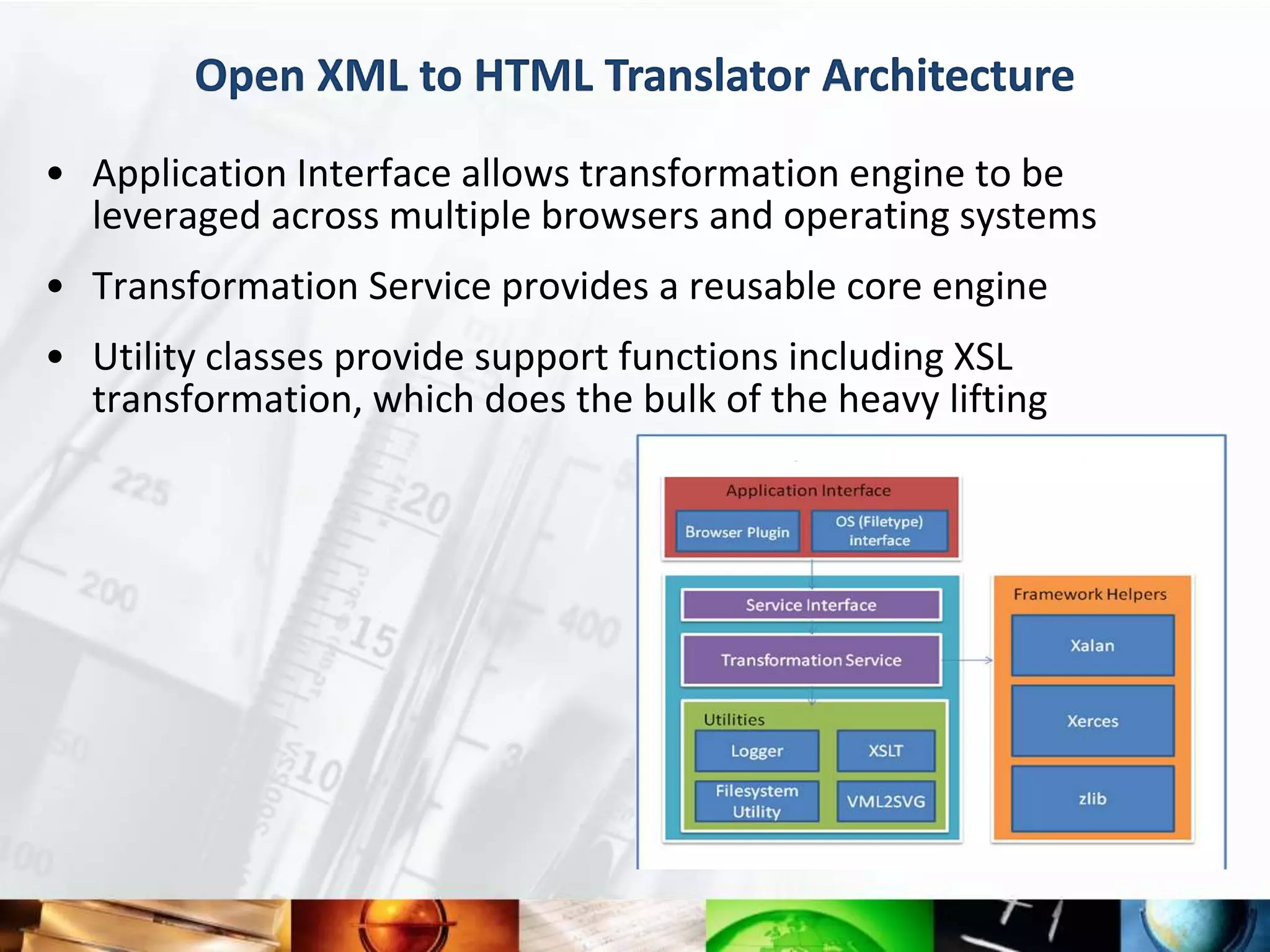 Open XML to HTML Translator Architecture
• Application Interface allows transformation engine to be
  leveraged across multiple browsers and operating systems
• Transformation Service provides a reusable core engine
• Utility classes provide support functions including XSL
  transformation, which does the bulk of the heavy lifting
 