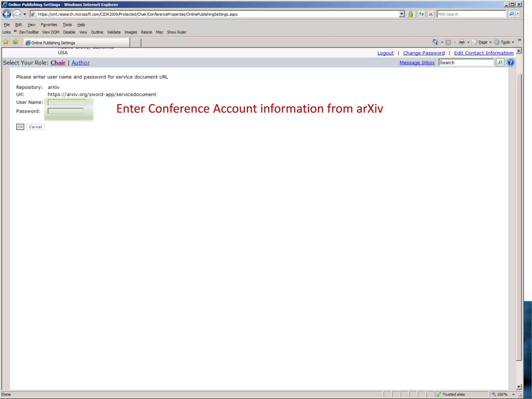 Enter Conference Account information from arXiv
 
