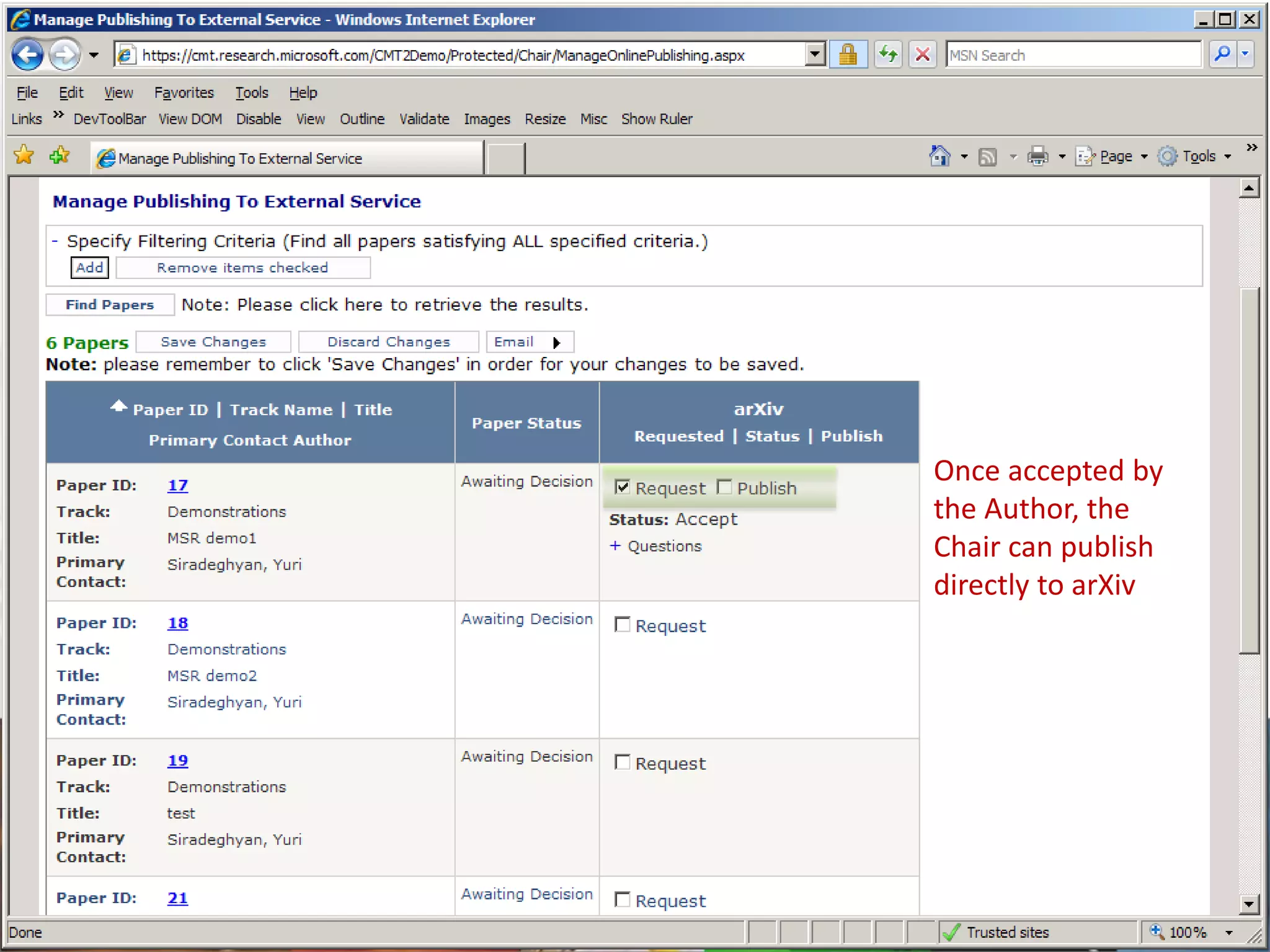 Once accepted by
the Author, the
Chair can publish
directly to arXiv
 