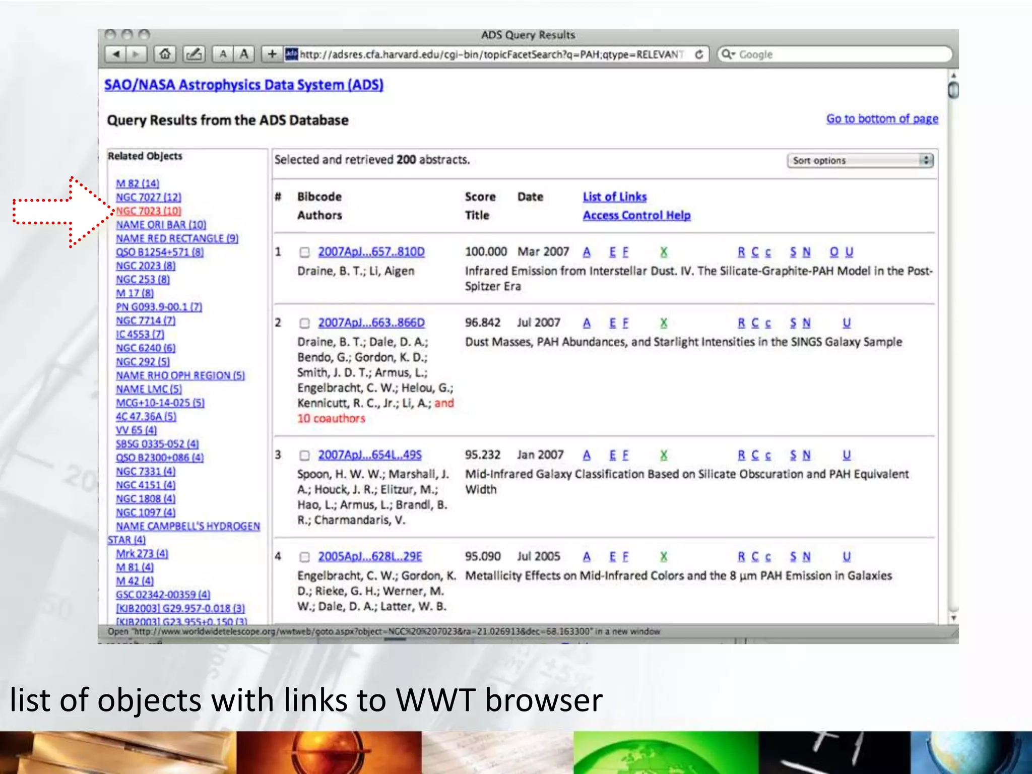 list of objects with links to WWT browser
 