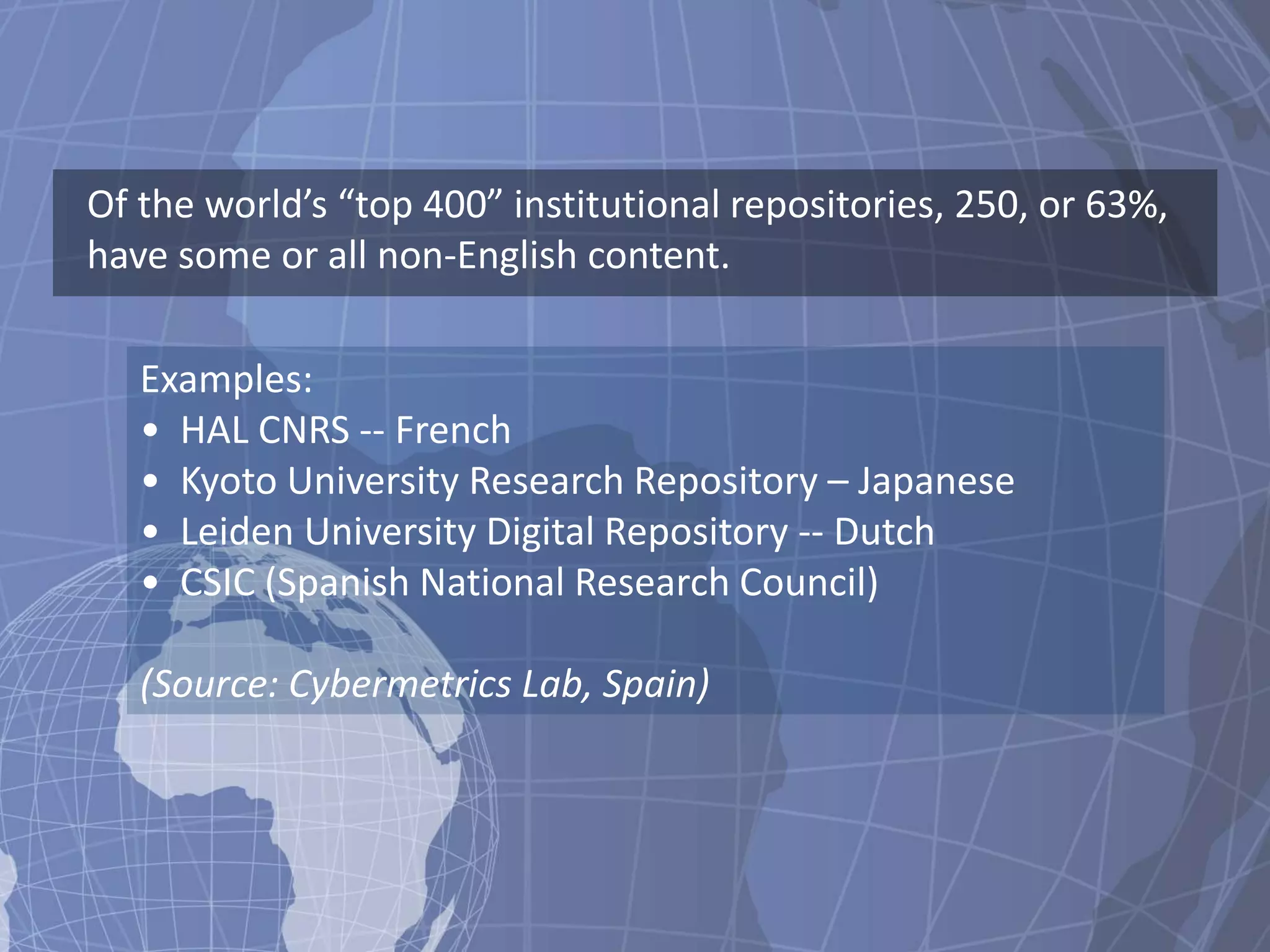 Of the world’s “top 400” institutional repositories, 250, or 63%,
have some or all non-English content.

   Examples:
   • HAL CNRS -- French
   • Kyoto University Research Repository – Japanese
   • Leiden University Digital Repository -- Dutch
   • CSIC (Spanish National Research Council)

   (Source: Cybermetrics Lab, Spain)
 
