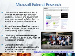 Microsoft External Research
Division within Microsoft Research
focused on partnerships between
academia, industry and gove...