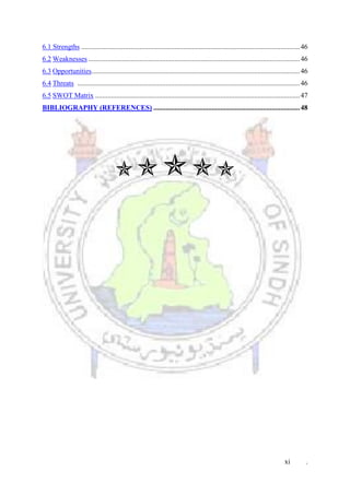 xi .
6.1 Strengths ............................................................................................................................46
6.2 Weaknesses ........................................................................................................................46
6.3 Opportunities......................................................................................................................46
6.4 Threats ..............................................................................................................................46
6.5 SWOT Matrix ....................................................................................................................47
BIBLIOGRAPHY (REFERENCES) ...................................................................................48

 