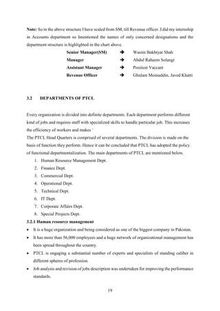 19
Note: So in the above structure I have scaled from SM, till Revenue officer. I did my internship
in Accounts department so Imentioned the names of only concerned designations and the
department structure is highlighted in the chart above.
Senior Manager(SM)  Wasim Bakhtyar Shah
Manager  Abdul Raheem Solangi
Assistant Manager  Position Vaccant
Revenue Officer  Ghulam Moinuddin, Javed Khatti
3.2 DEPARTMENTS OF PTCL
Every organization is divided into definite departments. Each department performs different
kind of jobs and requires staff with specialized skills to handle particular job. This increases
the efficiency of workers and makes `
The PTCL Head Quarters is comprised of several departments. The division is made on the
basis of function they perform. Hence it can be concluded that PTCL has adopted the policy
of functional departmentalization. The main departments of PTCL are mentioned below.
1. Human Resource Management Dept.
2. Finance Dept.
3. Commercial Dept.
4. Operational Dept.
5. Technical Dept.
6. IT Dept.
7. Corporate Affairs Dept.
8. Special Projects Dept.
3.2.1 Human resource management
 It is a huge organization and being considered as one of the biggest company in Pakistan.
 It has more than 56,000 employees and a huge network of organizational management has
been spread throughout the country.
 PTCL is engaging a substantial number of experts and specialists of standing caliber in
different spheres of profession.
 Job analysis and revision of jobs description was undertaken for improving the performance
standards.
 