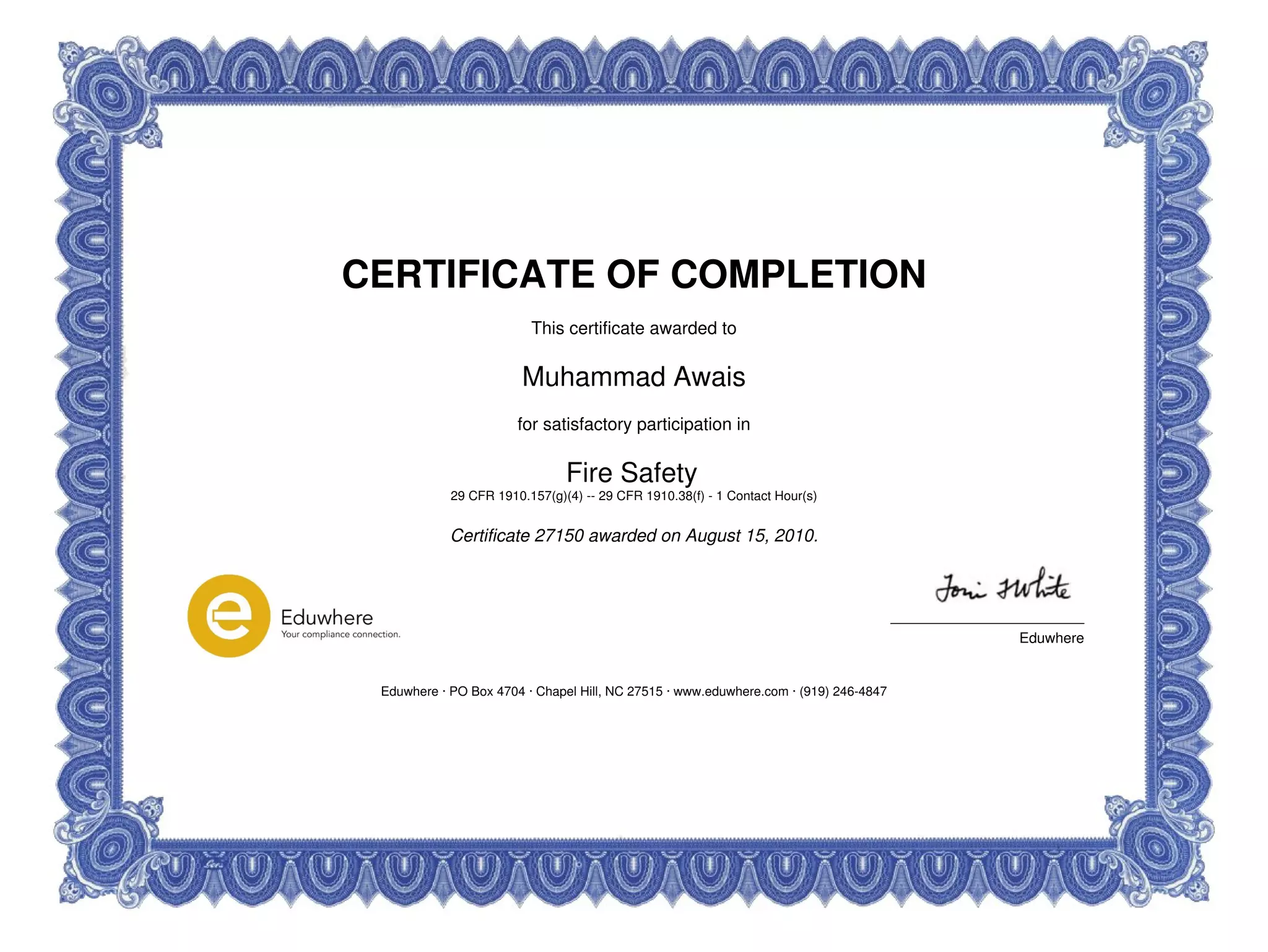 Certificate of Completion in Fire Safety Online Training (01 PDH ...