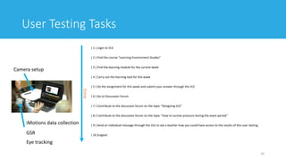 User Testing Tasks
( 1 ) Login to VLE
( 2 ) Find the course “Learning Environment Studies”
( 3 ) Find the learning module for the current week
( 4 ) Carry out the learning task for this week
( 5 ) Do the assignment for this week and submit your answer through the VLE
( 6 ) Go to Discussion Forum
( 7 ) Contribute to the discussion forum on the topic “Designing VLE”
( 8 ) Contribute to the discussion forum on the topic “How to survive pressure during the exam period”
( 9 ) Send an individual message through the VLE to ask a teacher how you could have access to the results of this user testing.
( 10 )Logout.
24
Camera setup
iMotions data collection
GSR
Eye tracking
time
 