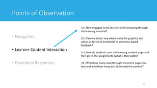 Points of Observation
• Navigation
• Learner-Content Interaction
• Emotional Responses
27
( a ) How engaged is the learner while browsing through
the learning material?
( b ) Can we detect any added value for graphics and
videos in terms of emotional or attention-based
feedback?
( c ) How do students scan the learning content page and
then go to the assignments (what is their path)?
( d ) Who/how many read through the entire page con-
tent and who/how many just skim read the content?
 