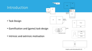 Introduction
• Task Design
• Gamification and (game) task design
• Intrinsic and extrinsic motivation
7
Graphics used and produced for [2]
 