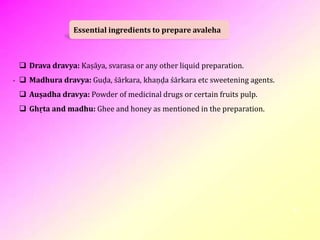 Essential ingredients to prepare avaleha
3
 Drava dravya: Kaṣāya, svarasa or any other liquid preparation.
 Madhura dravya: Guḍa, śārkara, khaṇḍa śārkara etc sweetening agents.
 Auṣadha dravya: Powder of medicinal drugs or certain fruits pulp.
 Ghṛta and madhu: Ghee and honey as mentioned in the preparation.
 