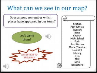 What can we see in our map?
Does anyone remember which
places have appeared in our town?

Let’s write
them!

ATTENTION TO
SPELLING!

Station
Post Office
Museum
Bank
Church
High School
Park
Bus Station
Movie Theatre
Hospital
Library
Gym
Mall
Café
Drugstore

 