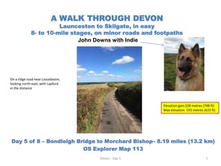 A WALK THROUGH DEVON
Launceston to Skilgate, in easy
8- to 10-mile stages, on minor roads and footpaths
John Downs with Indie
Day 5 of 8 – Bondleigh Bridge to Morchard Bishop– 8.19 miles (13.2 km)
OS Explorer Map 113
Devon - Day 5 1
Elevation gain 228 metres (748 ft)
Max elevation 193 metres (633 ft)
On a ridge road near Loosebeare,
looking north-east, with Lapford
in the distance
 