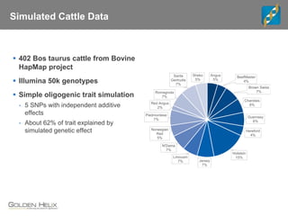 Simulated Cattle Data
 402 Bos taurus cattle from Bovine
HapMap project
 Illumina 50k genotypes
 Simple oligogenic trait simulation
- 5 SNPs with independent additive
effects
- About 62% of trait explained by
simulated genetic effect
Angus
5%
BeefMaster
4%
Brown Swiss
7%
Charolais
6%
Guernsey
6%
Hereford
4%
Holstein
15%
Jersey
7%
Limousin
7%
N'Dama
7%
Norwegian
Red
5%
Piedmontese
7%
Red Angus
2%
Romagnola
7%
Santa
Gertrudis
7%
Sheko
5%
 