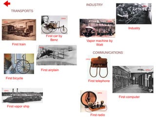 TRANSPORTS
INDUSTRY
COMMUNICATIONS
OPEN
First train
OPEN
First car by
Benz
Previous
OPEN
First bicycle
OPEN
First vapor ship
OPEN
First airplain
OPEN
Industry
Vapor machine by
Watt
OPEN
OPEN
First telephone
OPEN
First computer
OPEN
First radio
 