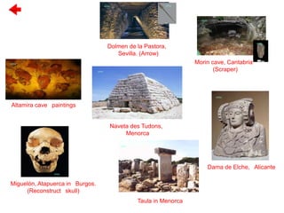 Taula in Menorca
OPEN
Dolmen de la Pastora,
Sevilla. (Arrow)
OPEN OPEN
Altamira cave paintings
OPEN
OPEN
OPEN
Morin cave, Cantabria
(Scraper)
OPEN
Dama de Elche, Alicante
Miguelón, Atapuerca in Burgos.
(Reconstruct skull)
OPEN
Naveta des Tudons,
Menorca
OPEN
Previous
 
