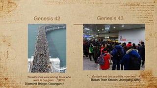 Genesis 42 Genesis 43
“Israel’s sons were among those who
went to buy grain. . .”(42:5)
Diamond Bridge, Gwangan-ri
“. . . Go back and buy us a little more food.” (43:2)
Busan Train Station, Joongang-dong
 