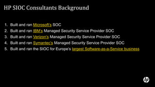 HP SIOC Consultants Background
1. Built and ran Microsoft’s SOC
2. Built and ran IBM’s Managed Security Service Provider SOC
3. Built and ran Verizon’s Managed Security Service Provider SOC
4. Built and ran Symantec’s Managed Security Service Provider SOC
5. Built and ran the SIOC for Europe’s largest Software-as-a-Service business
 