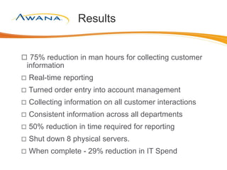 Results
 75% reduction in man hours for collecting customer
information
 Real-time reporting
 Turned order entry into account management
 Collecting information on all customer interactions
 Consistent information across all departments
 50% reduction in time required for reporting
 Shut down 8 physical servers.
 When complete - 29% reduction in IT Spend
 