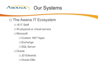 Our Systems
 The Awana IT Ecosystem
 18 IT Staff
 54 physical or virtual servers
 Microsoft
 Custom .NET Apps
 Exchange
 SQL Server
 Oracle
 JD Edwards
 Oracle DBs
 