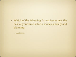 Which of the following Parent issues gets the
best of your time, efforts, money, anxiety and
planning
  academics
 