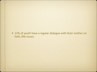 • 12% of youth have a regular dialogue with their mother on 
  faith /life issues
 