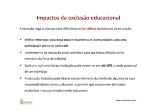 Impactos da exclusão educacional
A exclusão nega a crianças com deficiência os benefícios duradouros da educação:
 Melhor emprego, segurança social e econômica e oportunidades para uma 
participação plena na sociedade
 Investimento na educação pode contribuir para sua futura eficácia como 
membros da força de trabalho
 Cada ano adicional de escolarização pode aumentar em até 10% a renda potencial 
de um indivíduo
 A educação inclusiva pode liberar outros membros da família de algumas de suas 
responsabilidades como cuidadores  e permitir que reassumam atividades 
produtivas – ou que simplesmente descansem
www.amankay.org.br
 