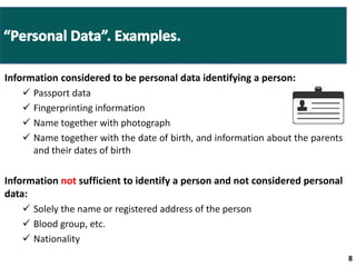 Information considered to be personal data identifying a person: 
 Passport data 
 Fingerprinting information 
 Name together with photograph 
 Name together with the date of birth, and information about the parents 
and their dates of birth 
Information not sufficient to identify a person and not considered personal 
data: 
 Solely the name or registered address of the person 
 Blood group, etc. 
 Nationality 
8 8 
 