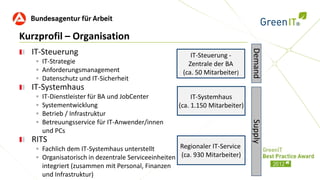 Kurzprofil – Organisation
  IT-Steuerung




                                                                               Demand
                                                         IT-Steuerung -
    IT-Strategie                                       Zentrale der BA
    Anforderungsmanagement                           (ca. 50 Mitarbeiter)
    Datenschutz und IT-Sicherheit
  IT-Systemhaus
      IT-Dienstleister für BA und JobCenter              IT-Systemhaus
      Systementwicklung                             (ca. 1.150 Mitarbeiter)
      Betrieb / Infrastruktur
      Betreuungsservice für IT-Anwender/innen




                                                                               Supply
       und PCs
  RITS
    Fachlich dem IT-Systemhaus unterstellt         Regionaler IT-Service
    Organisatorisch in dezentrale Serviceeinheiten (ca. 930 Mitarbeiter)
       integriert (zusammen mit Personal, Finanzen
       und Infrastruktur)
 